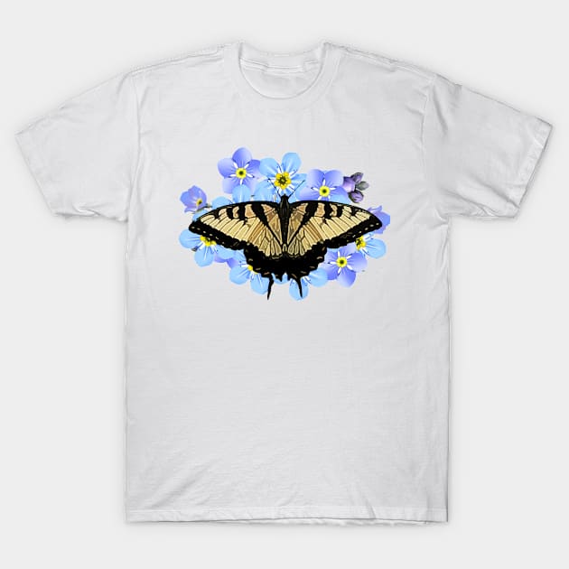 Swallowtail Butterfly On Blue Flowers T-Shirt by PhotoArts